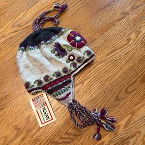 NEW Newari One Size Kamala Earflap Hat Wool Floral Embroidered Nepal